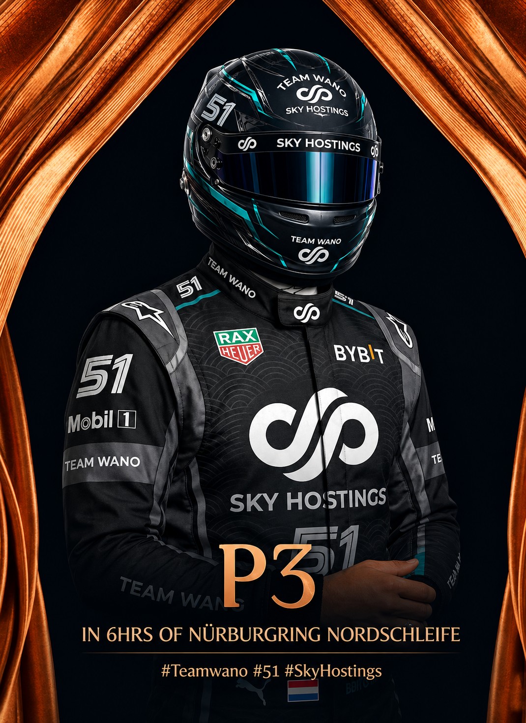 Sim racing podium poster for Team Wano and Sky Hostings