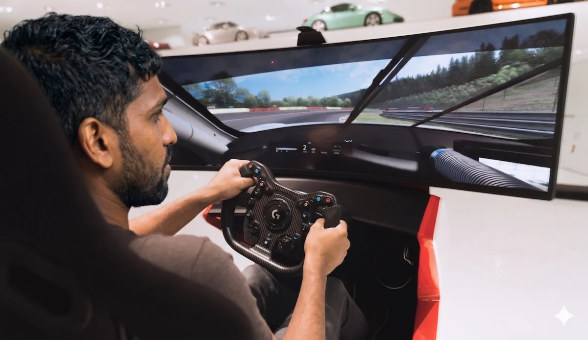 Jijin using a racing simulator