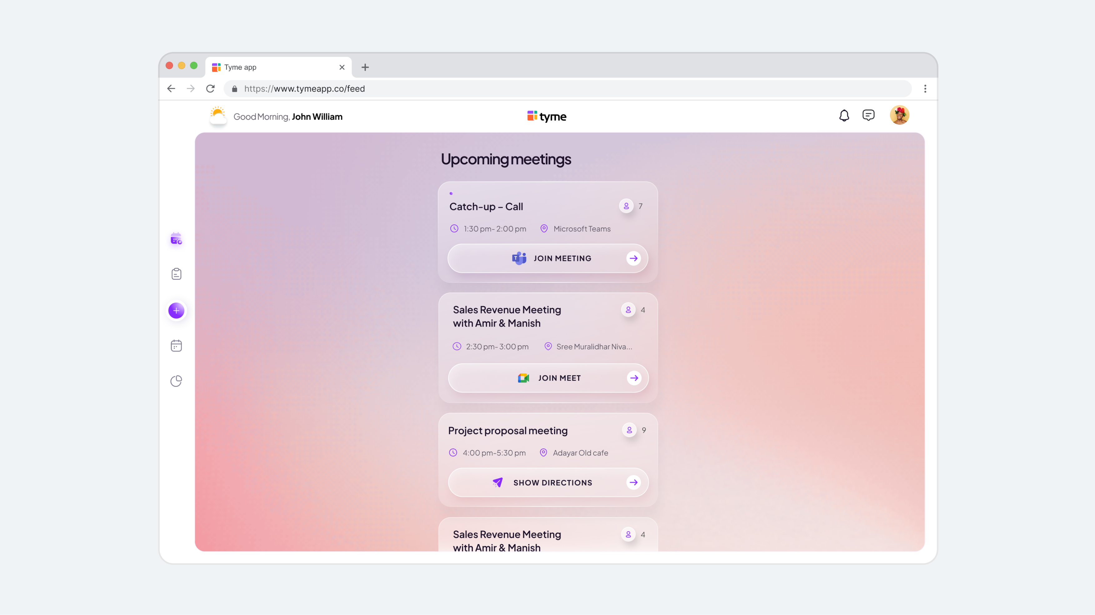 Tyme desktop upcoming meetings view