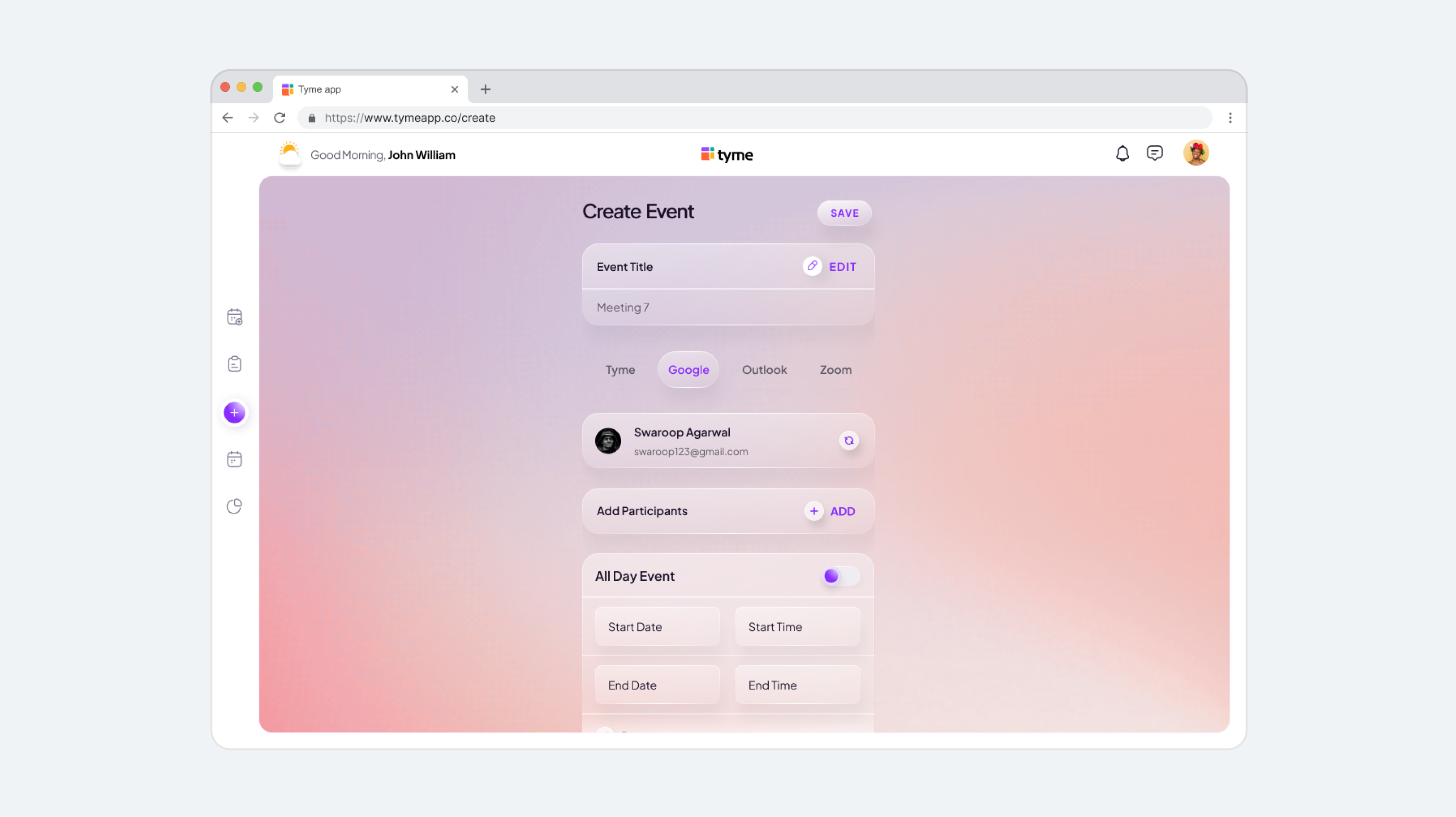 Tyme desktop create event view