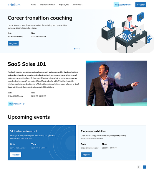 eHelium resources and events desktop screen