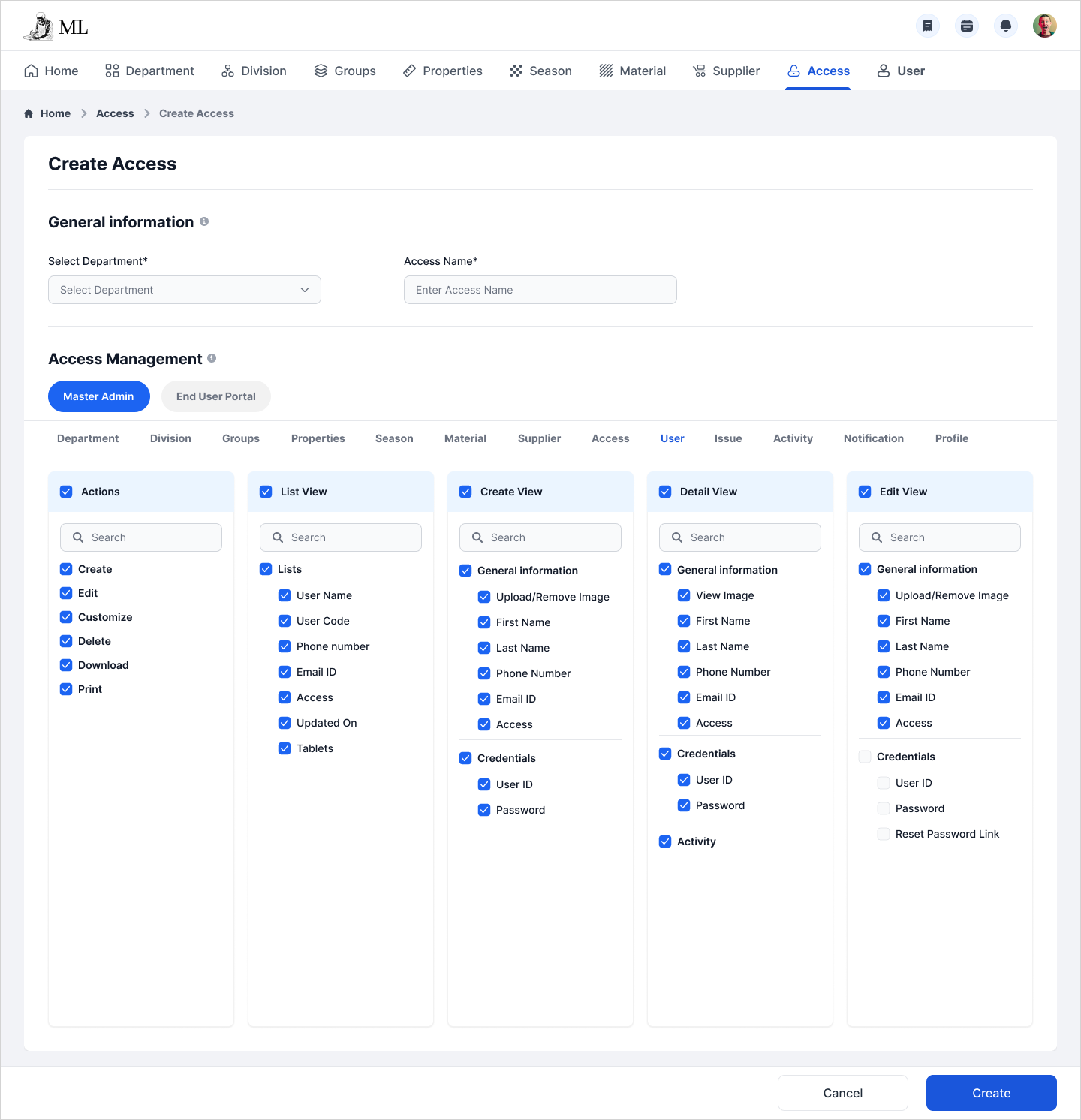 ERP access management screen
