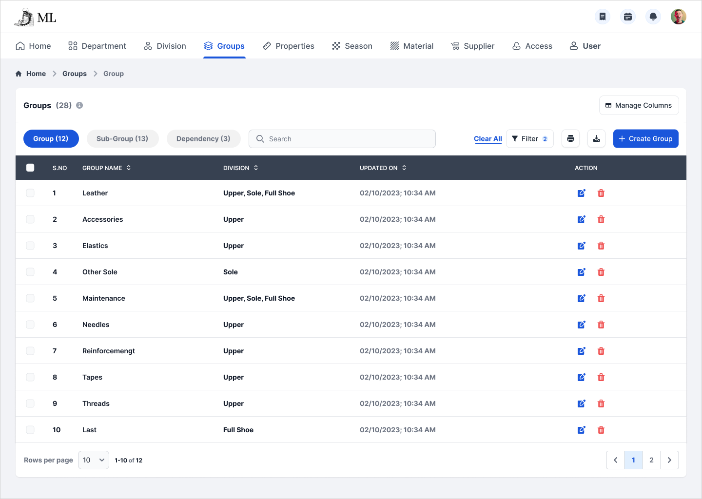 ERP group management screen