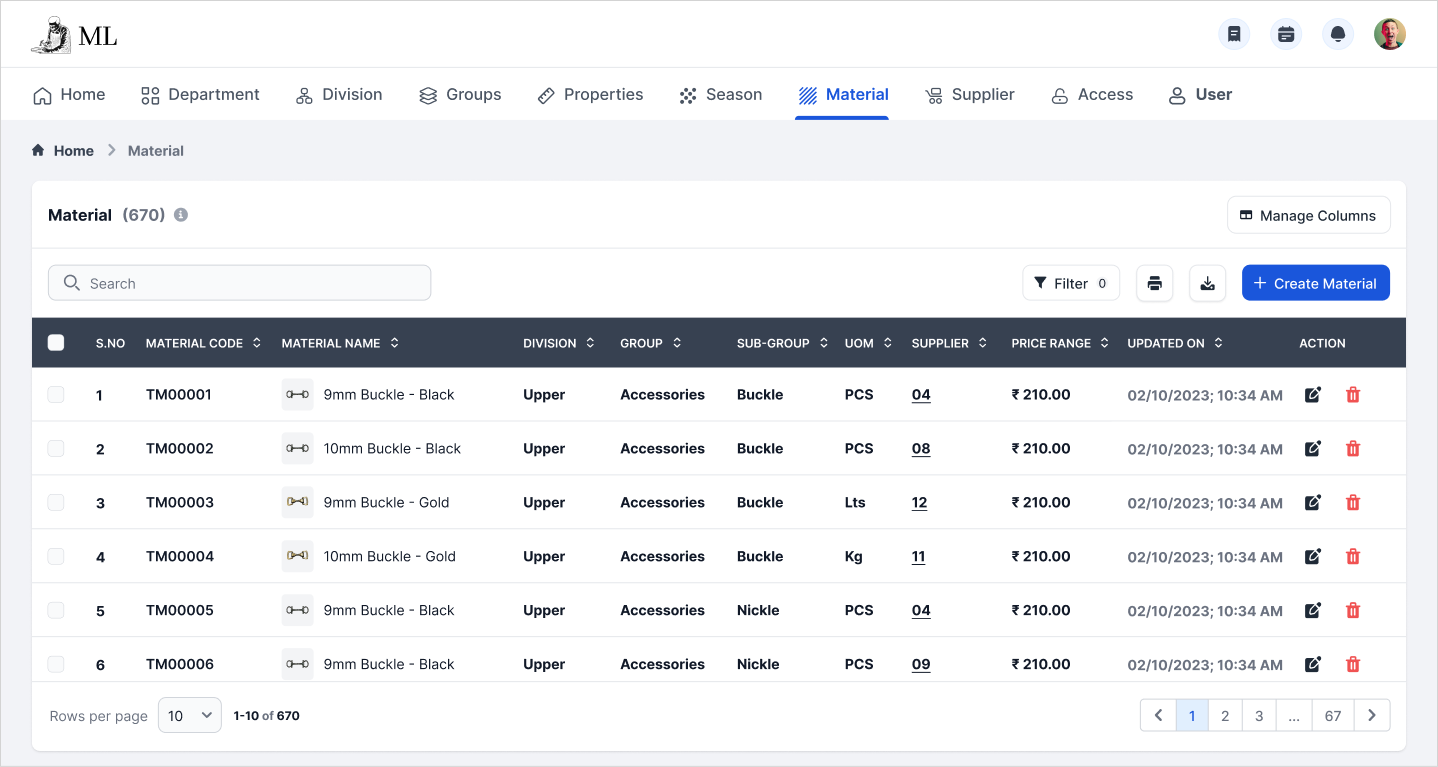 ERP material list screen