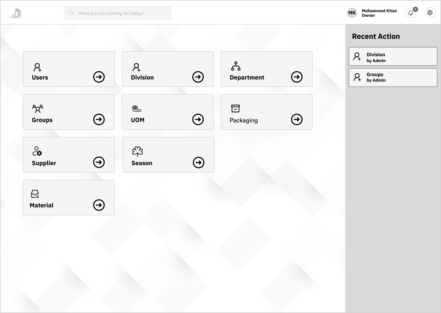 High fidelity wireframe showing ERP module cards and recent action panel